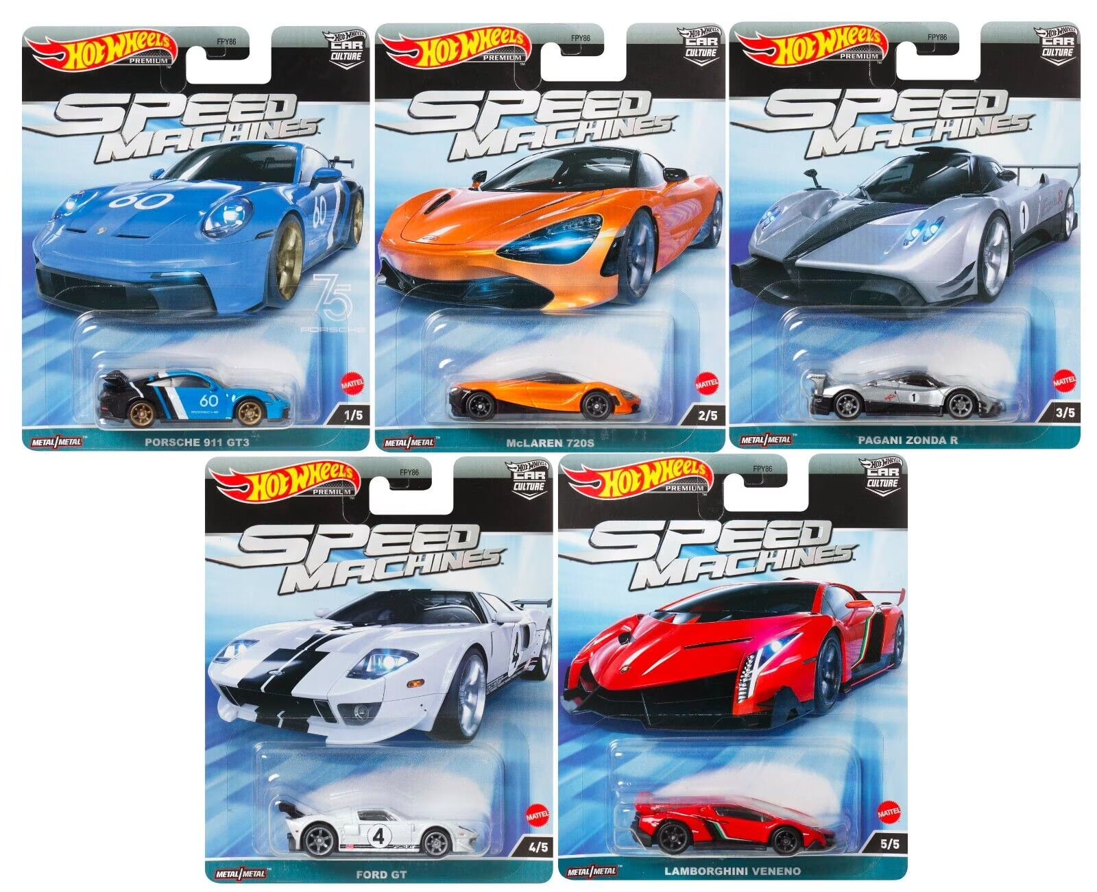Hot Wheels Hot Wheels Premium Car Culture Speed Machines Set | Porsche 911 GT3, McLaren 720S, Pagani Zonda R, Ford GT & Veneno