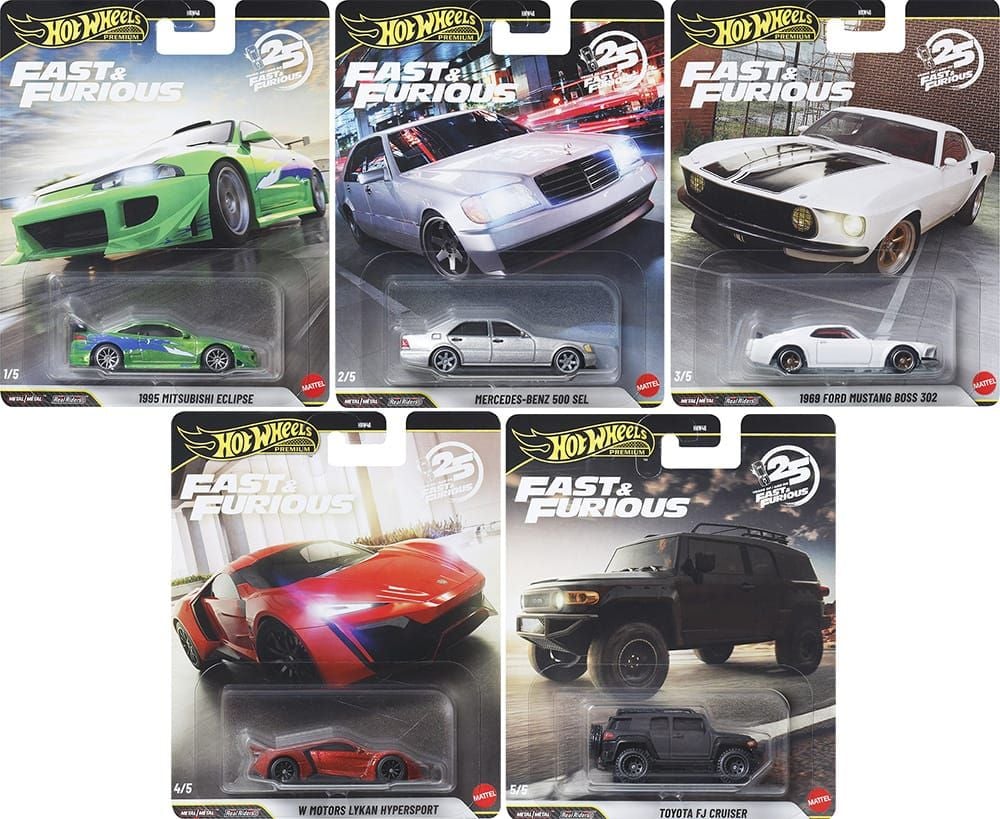 Hot Wheels Hot Wheels Premium Fast & Furious Mix | Mitsubishi Eclipse, Mercedes 500 SEL, Mustang Boss 302, Lykan Hypersport & FJ Cruiser