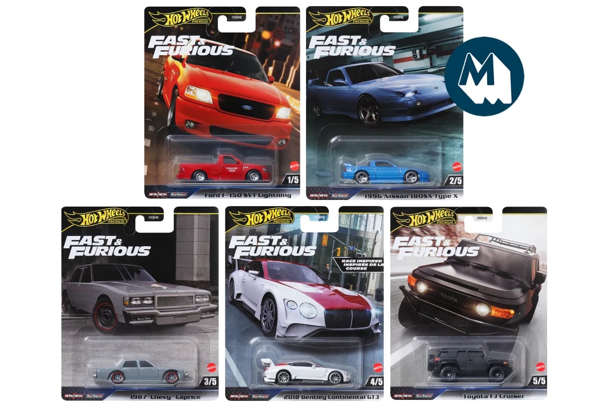 Hot Wheels Hot Wheels Premium Fast & Furious Set | F-150 Lightning, Nissan 180SX, Chevy Caprice, Bentley GT3 & FJ Cruiser