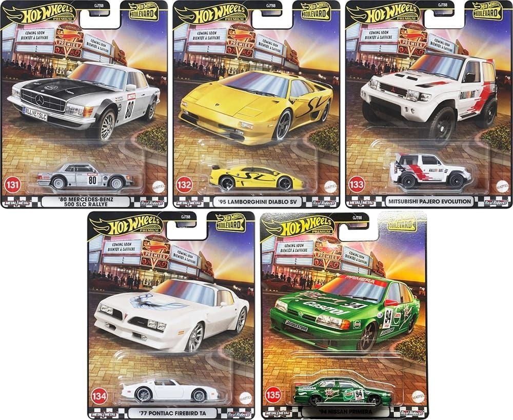 Hot Wheels Hot Wheels Premium Boulevard Set #131–135 | 500 SLC Rallye, Diablo SV, Pajero Evolution, Firebird TA & Nissan Primera