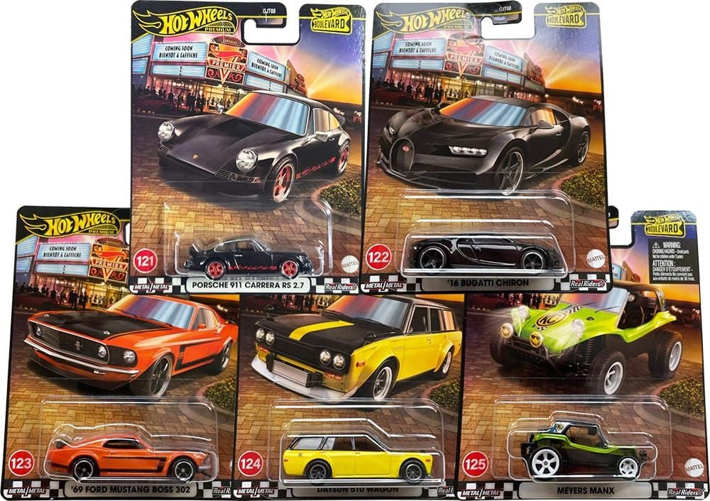 Hot Wheels Hot Wheels Premium Boulevard Set #121–125 | Porsche 911 RS 2.7, Bugatti Chiron, Mustang Boss 302, Datsun 510 Wagon & Meyers Manx