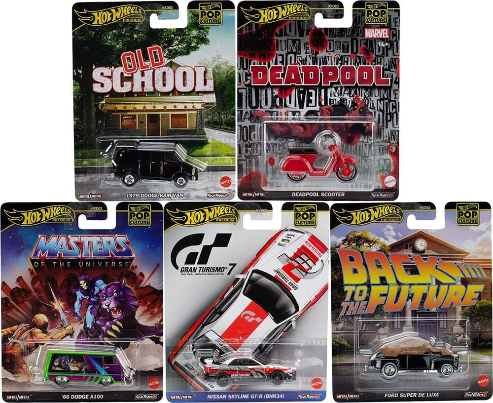 Hot Wheels Hot Wheels Premium Pop Culture Mix J | Dodge Ram Van, Deadpool Scooter, MOTU A100, GT7 Skyline R34 & BTTF Ford Super De Luxe