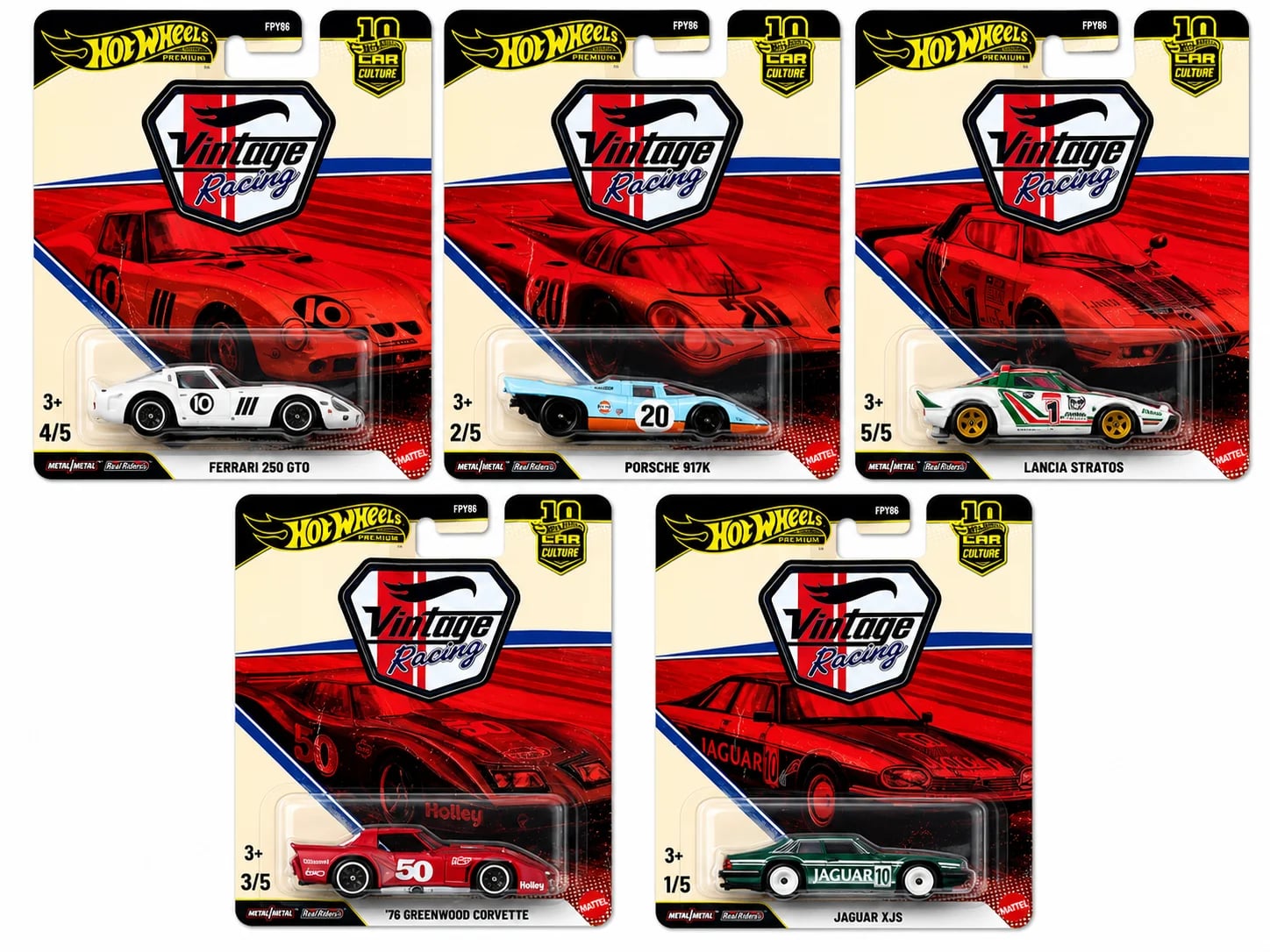 Hot Wheels Hot Wheels Premium Car Culture Vintage Racing Set | Jaguar XJS, Gulf Porsche 917K, Greenwood Corvette, Ferrari 250 GTO & Lancia Stratos