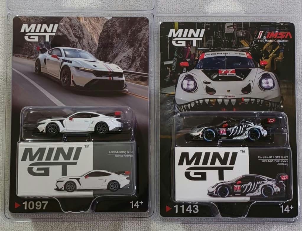 MINI GT Combo — Ford Mustang GTD Spirit of America + Porsche 911 GT3 R #77